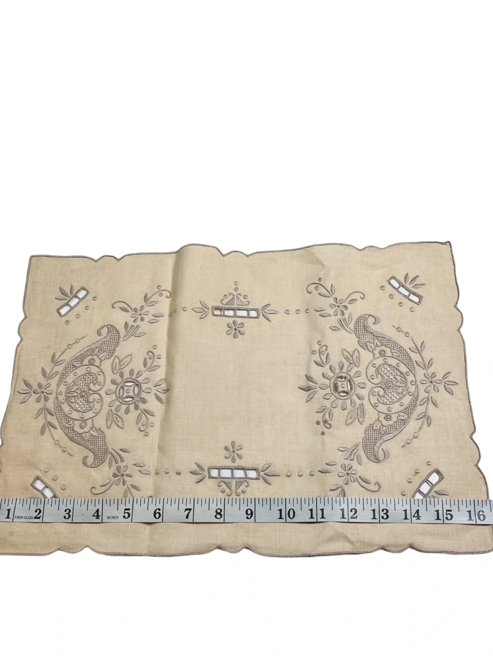 Art Deco Era MADEIRA Hand Work Embroidery Ecru Linen Placemats Napkins 16pc Set